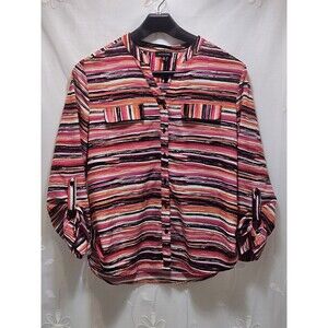 Notations Womens XL Pink Top Stripes Artsy Vibrant Brushstroke Roll-Tab Sleeves